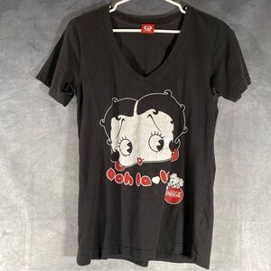 Betty Boop Ooh‎ La La Coca Cola Puppy Black V Neck T-shirt Size Medium Retro Y2K
